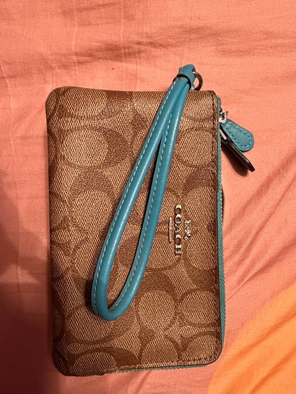 Coach Brown Signature Wristlet with Turquoise Trim and Strap